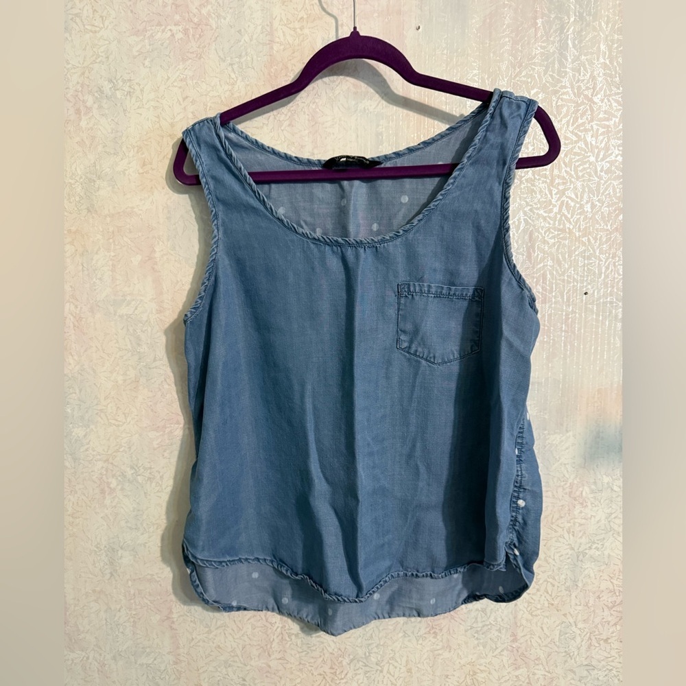 Velvet Heart Light Blue Denim-Look Tank Polk A Dots On Back With Chest Pocket L